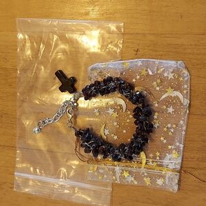 Chip Garnet Gemstone Kumihimo Bracelet With Black Stone Cross Charm.